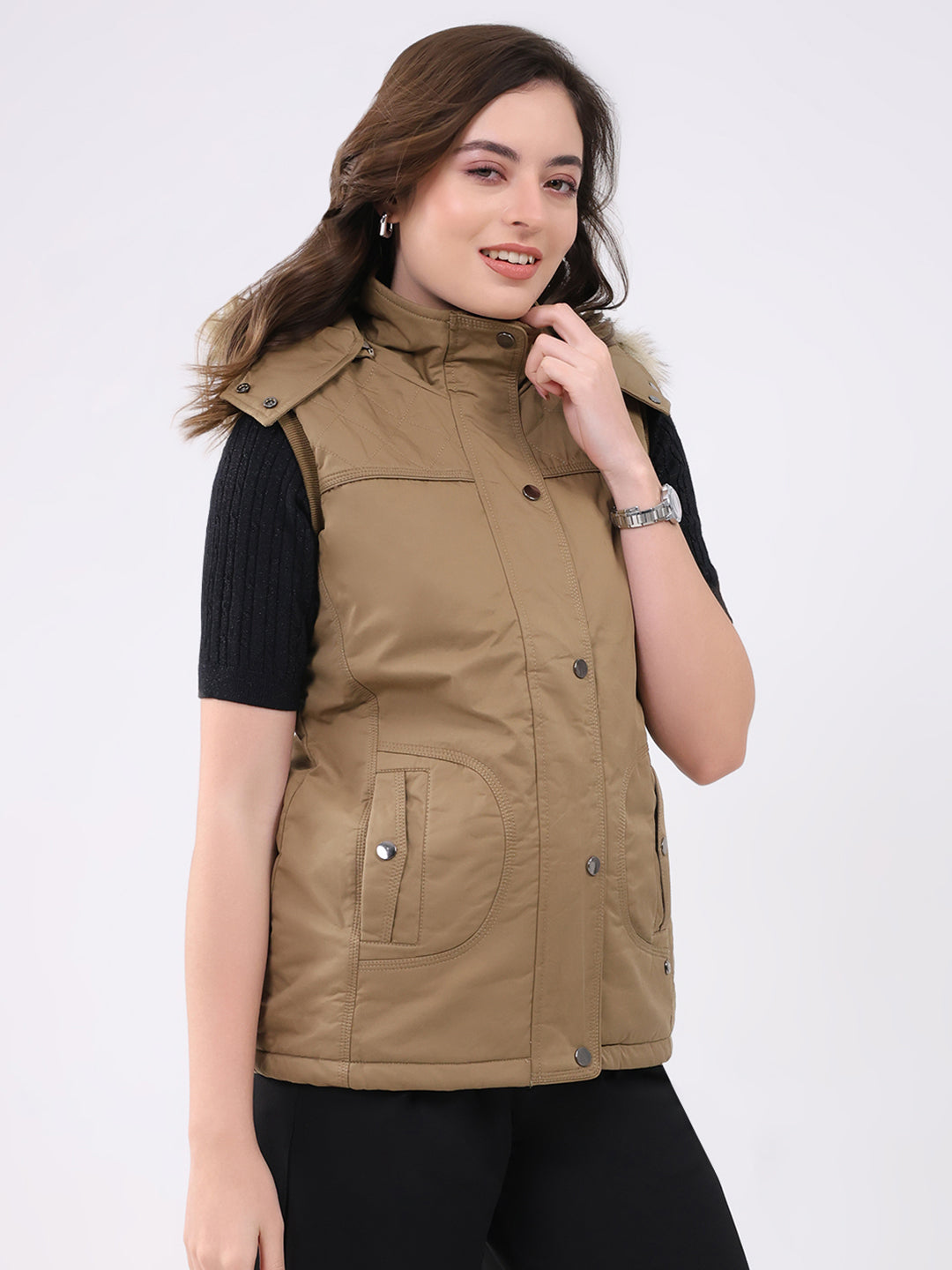Women Khaki Solid Hooded Sleeveless Jacket