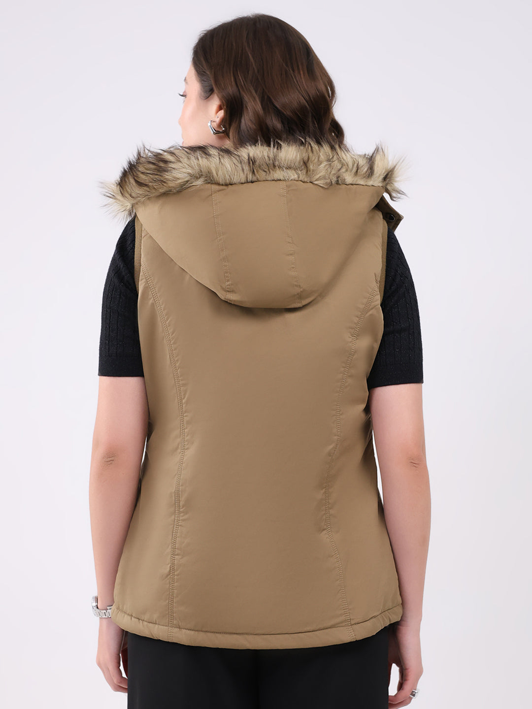 Women Khaki Solid Hooded Sleeveless Jacket