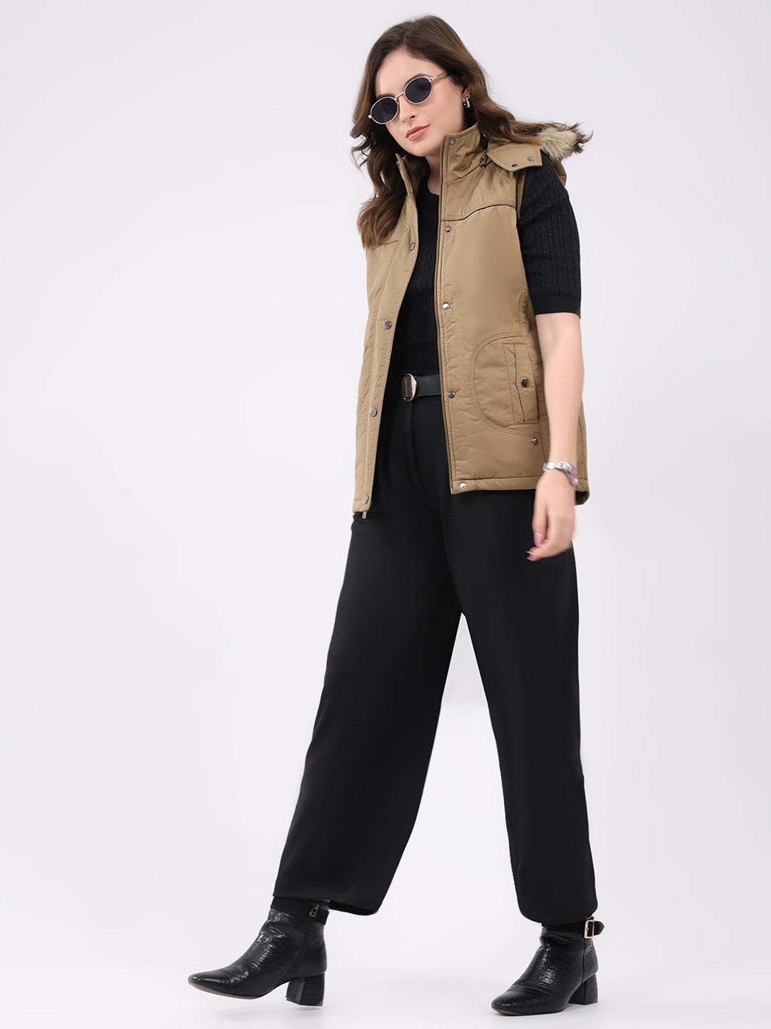 Women Khaki Solid Hooded Sleeveless Jacket