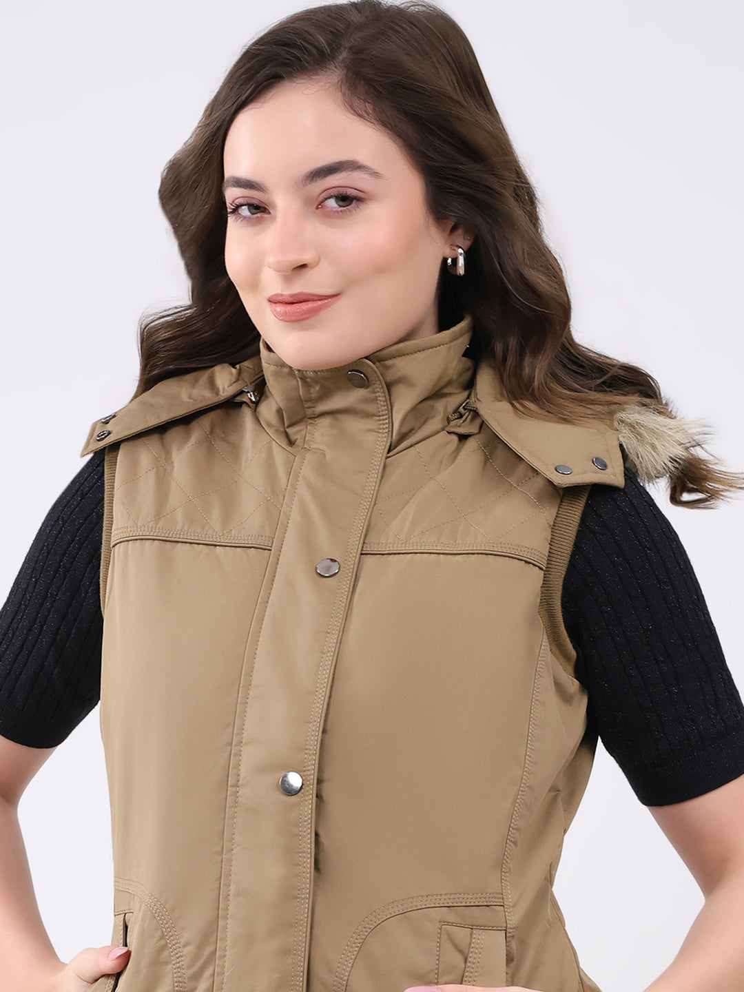 Women Khaki Solid Hooded Sleeveless Jacket