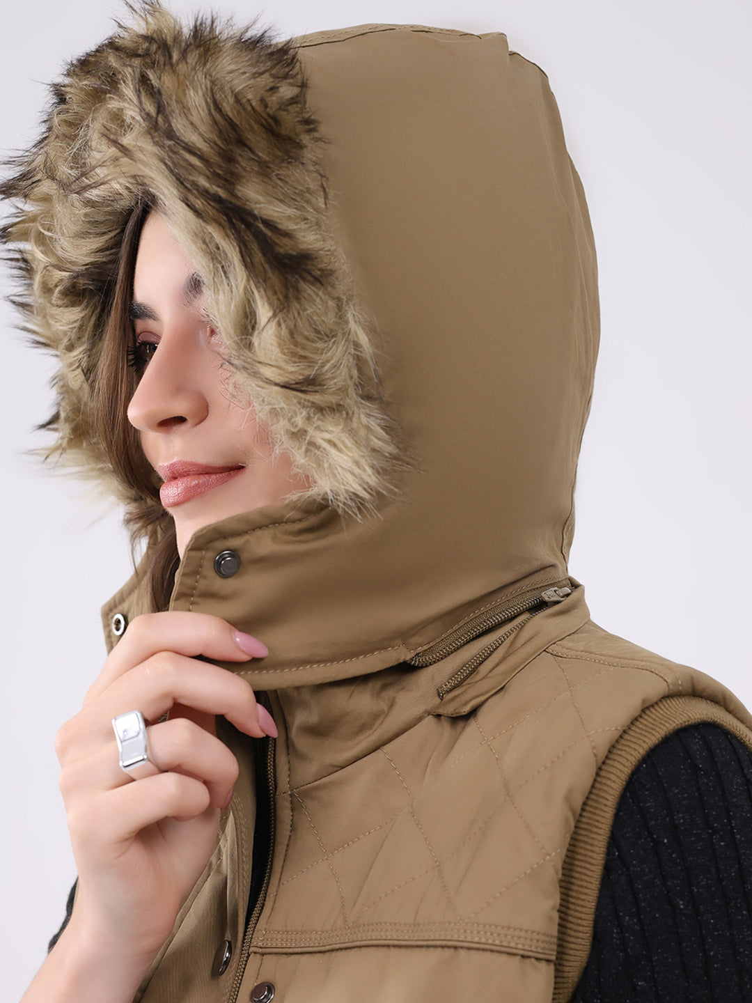 Women Khaki Solid Hooded Sleeveless Jacket