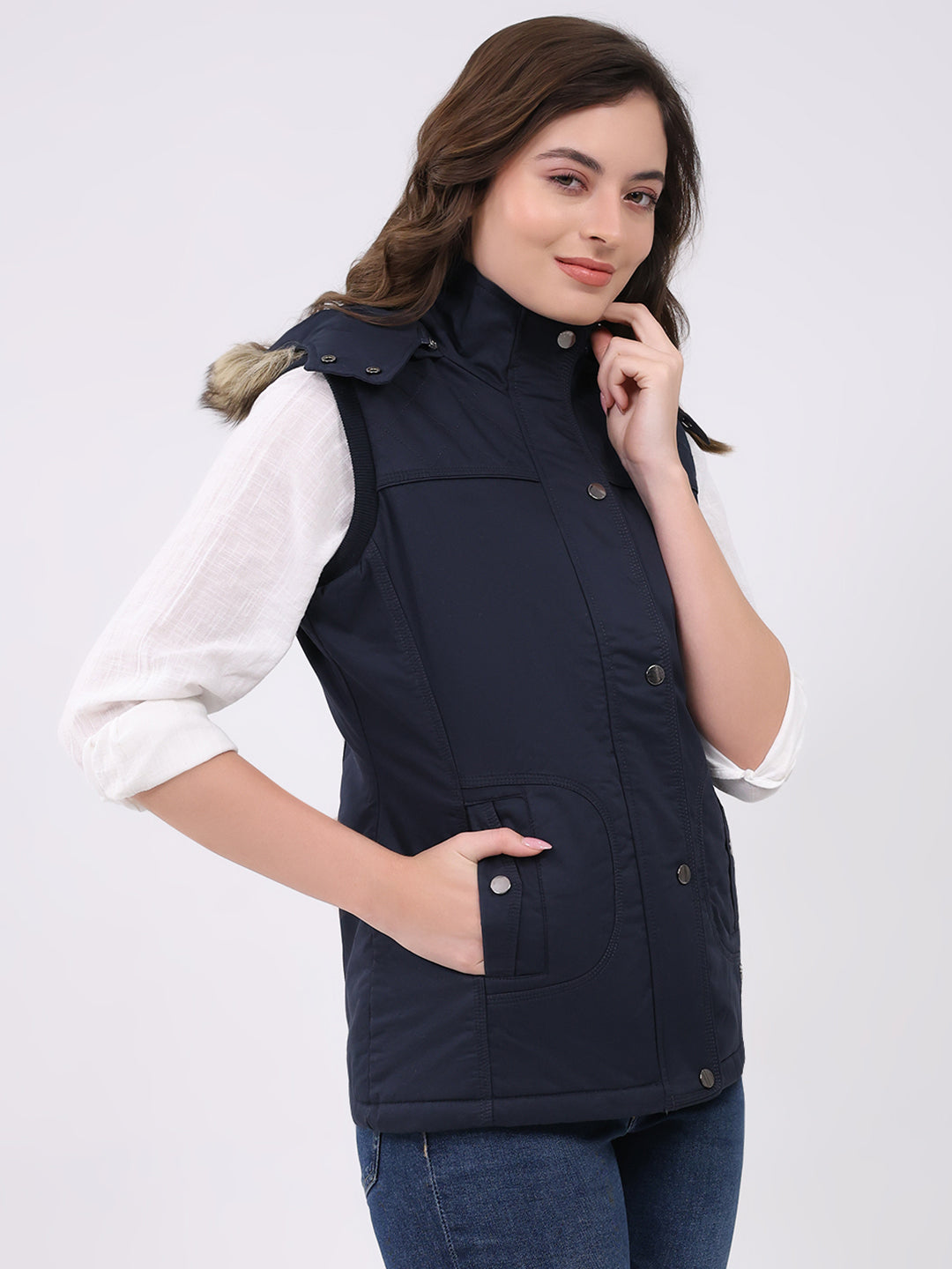 Women Navy Blue Solid Hooded Sleeveless Jacket