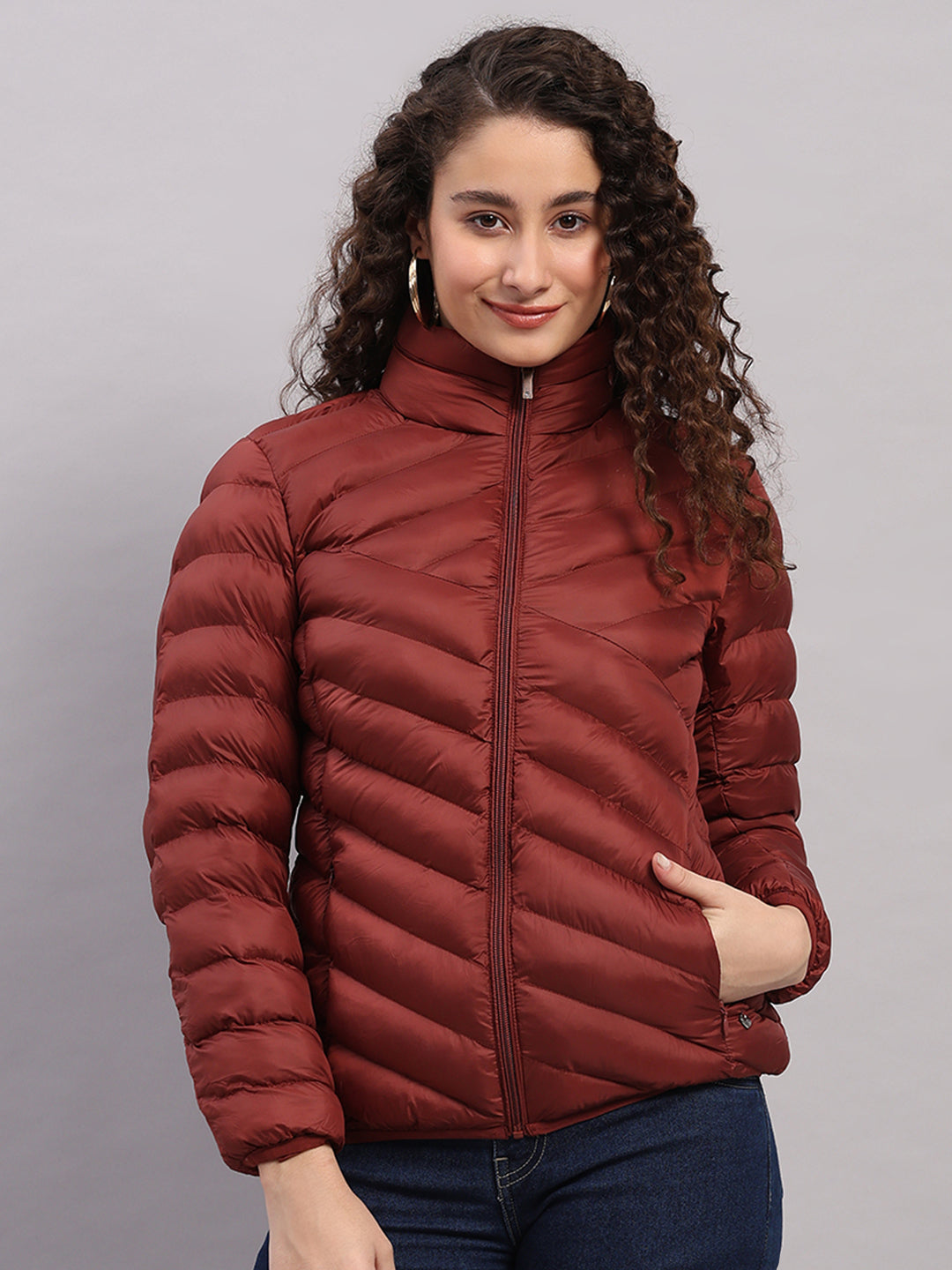 Women Maroon Solid Hooded Lightweight Packable Jacket