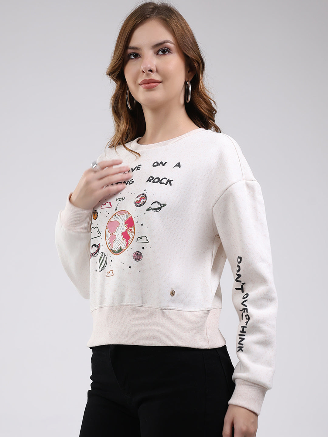 Women White Printed Round Neck Full Sleeve Sweatshirt