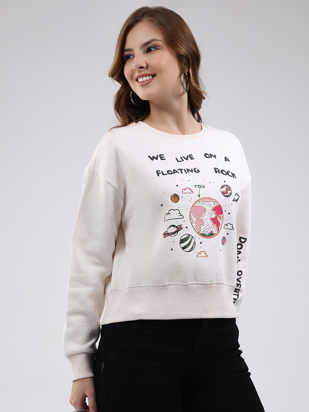 Women White Printed Round Neck Full Sleeve Sweatshirt