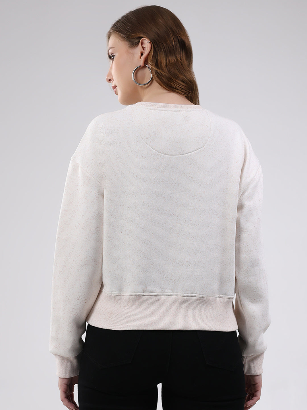 Women White Printed Round Neck Full Sleeve Sweatshirt