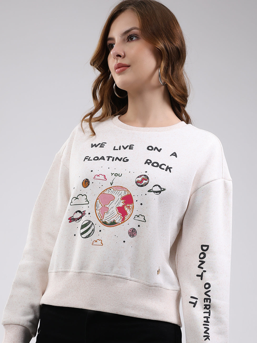 Women White Printed Round Neck Full Sleeve Sweatshirt