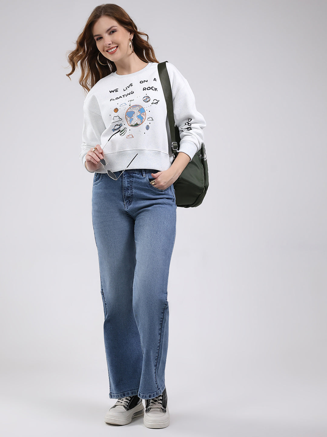 Women Sky Blue Printed Round Neck Full Sleeve Sweatshirt