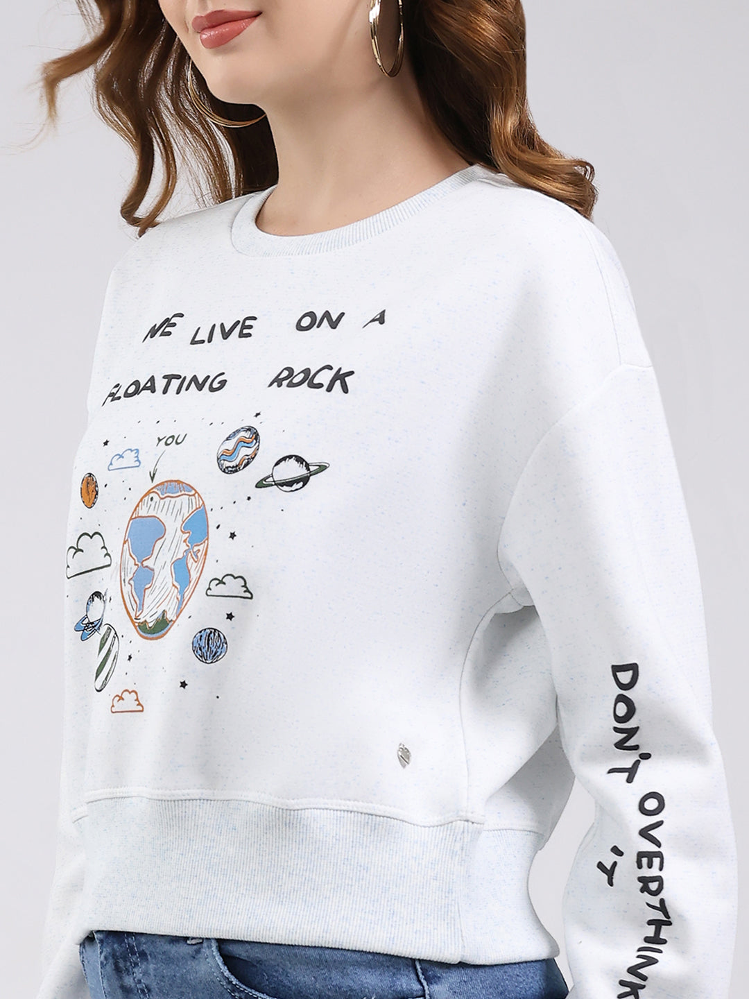 Women Sky Blue Printed Round Neck Full Sleeve Sweatshirt