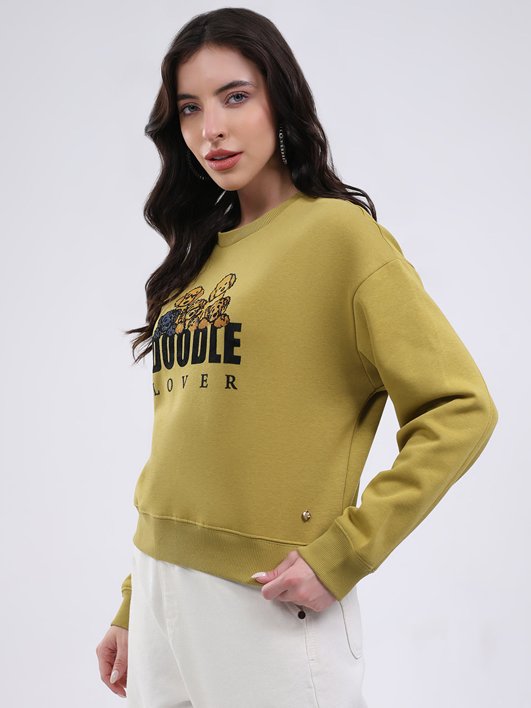 Women Green Printed Round Neck Full Sleeve Sweatshirt