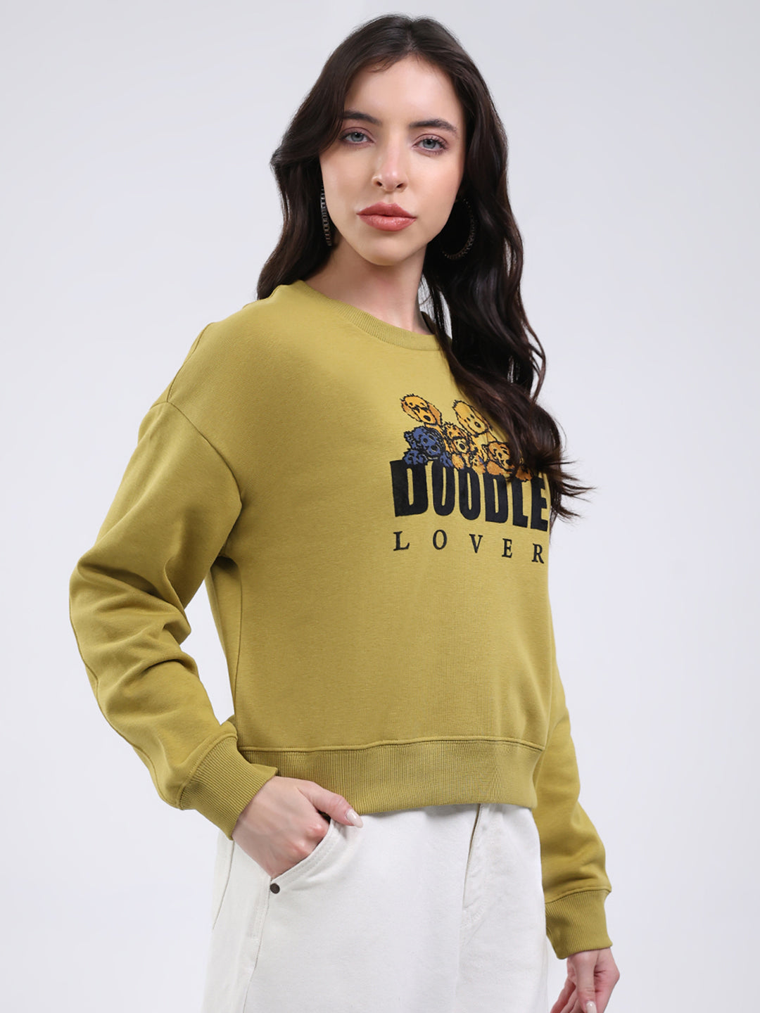 Women Green Printed Round Neck Full Sleeve Sweatshirt