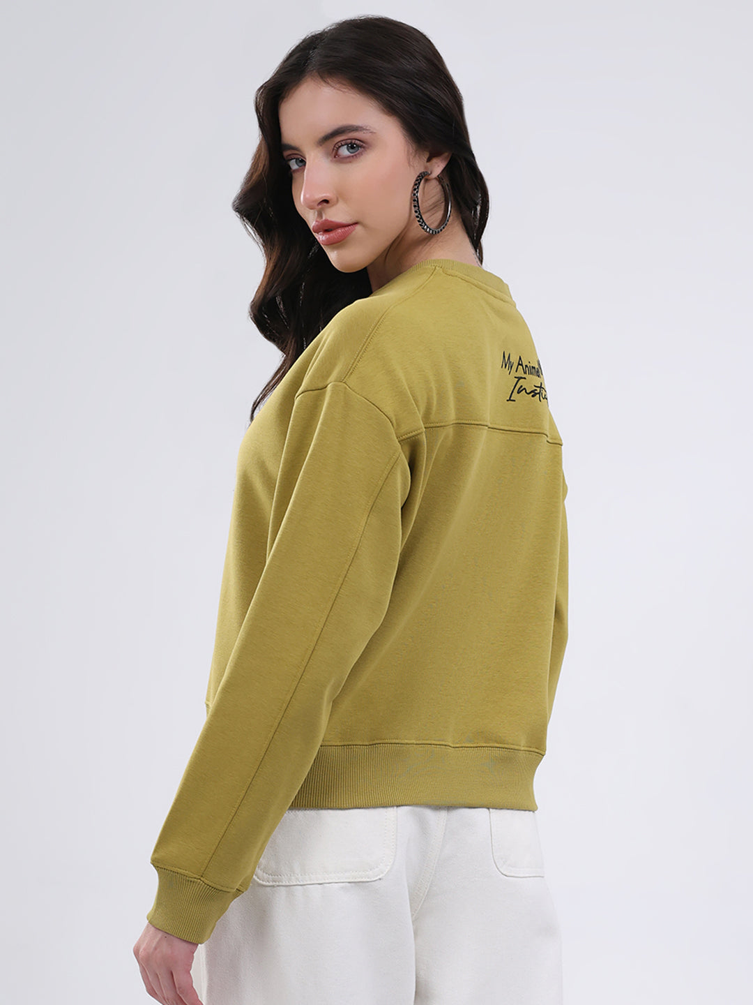 Women Green Printed Round Neck Full Sleeve Sweatshirt