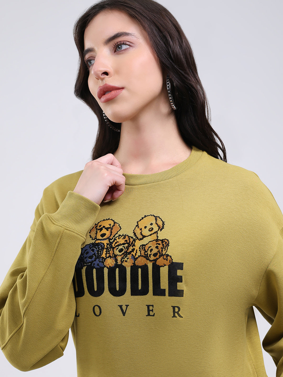 Women Green Printed Round Neck Full Sleeve Sweatshirt