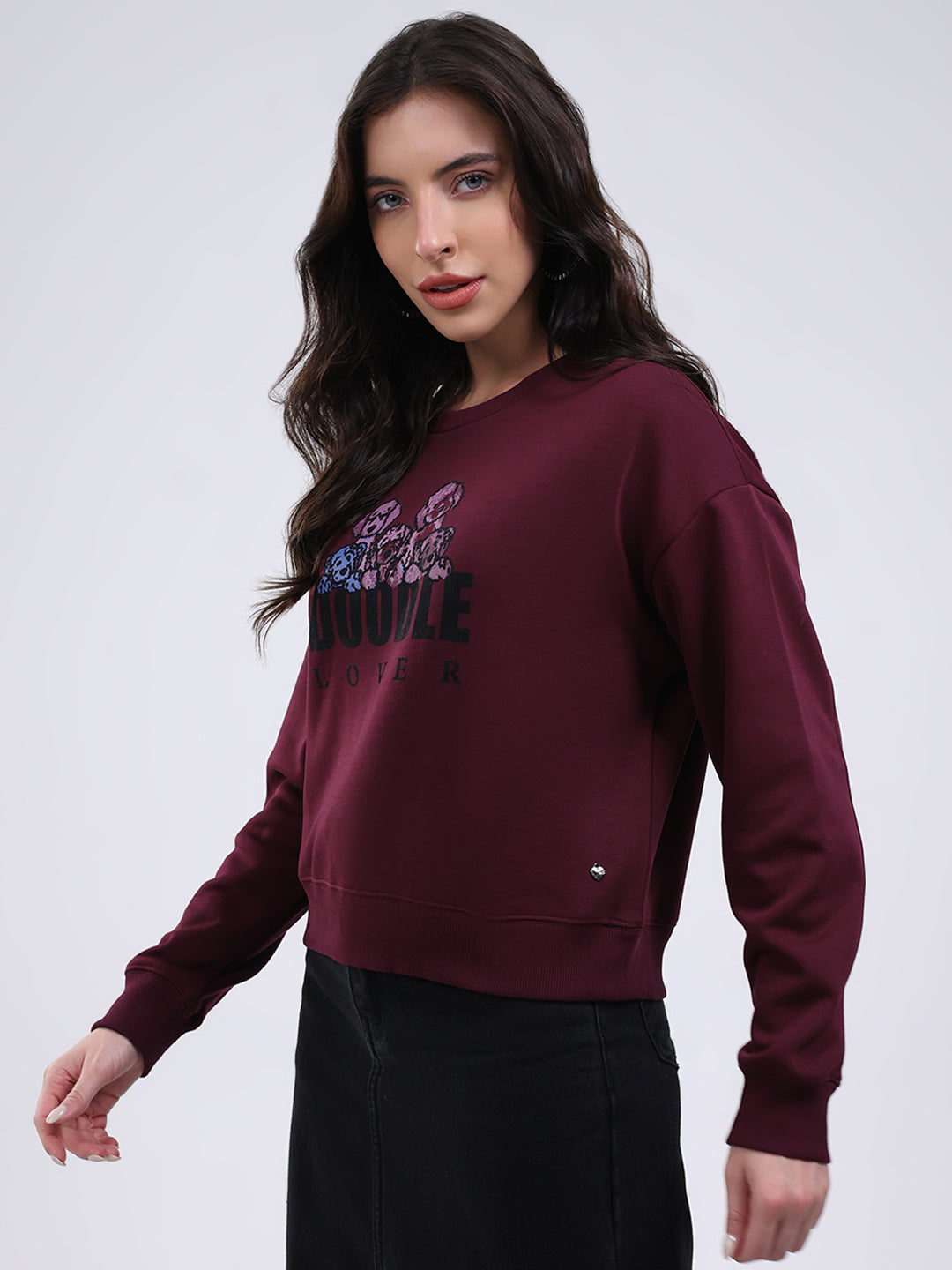 Women Burgundy Printed Round Neck Full Sleeve Sweatshirt