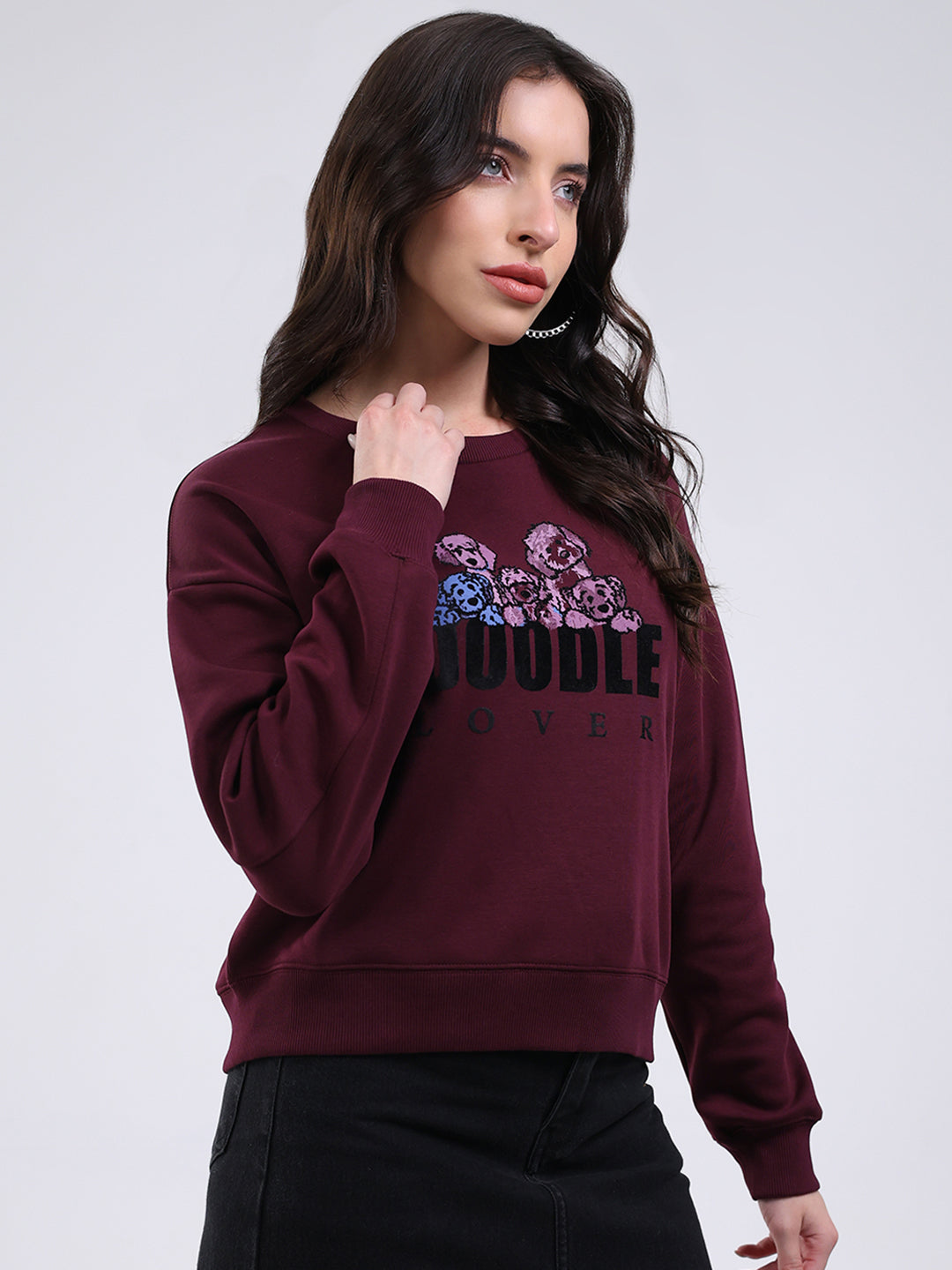 Women Burgundy Printed Round Neck Full Sleeve Sweatshirt