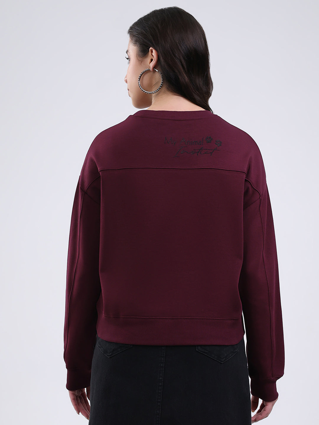 Women Burgundy Printed Round Neck Full Sleeve Sweatshirt
