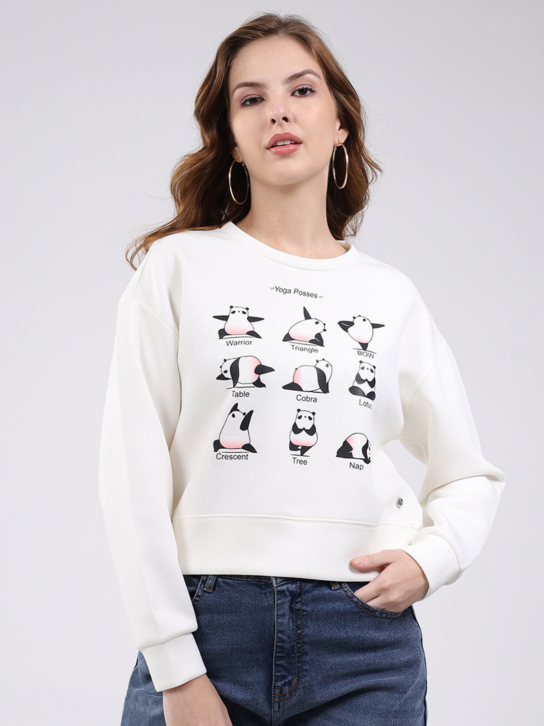 Women Off White Printed Round Neck Full Sleeve Sweatshirt