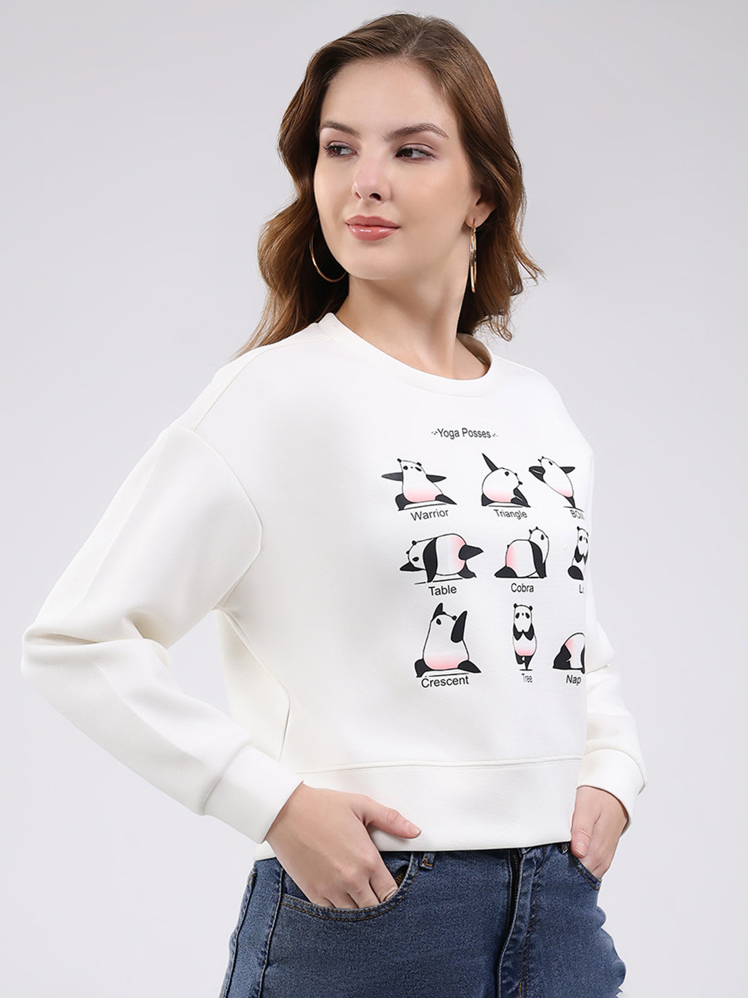 Women Off White Printed Round Neck Full Sleeve Sweatshirt