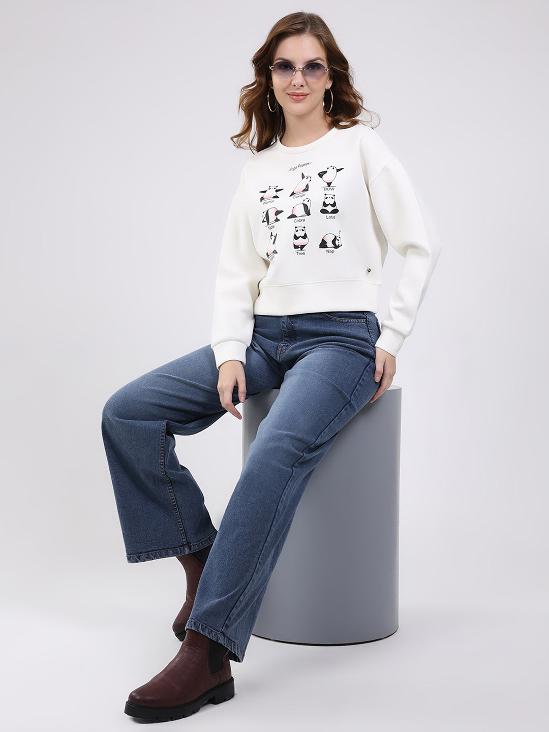 Women Off White Printed Round Neck Full Sleeve Sweatshirt