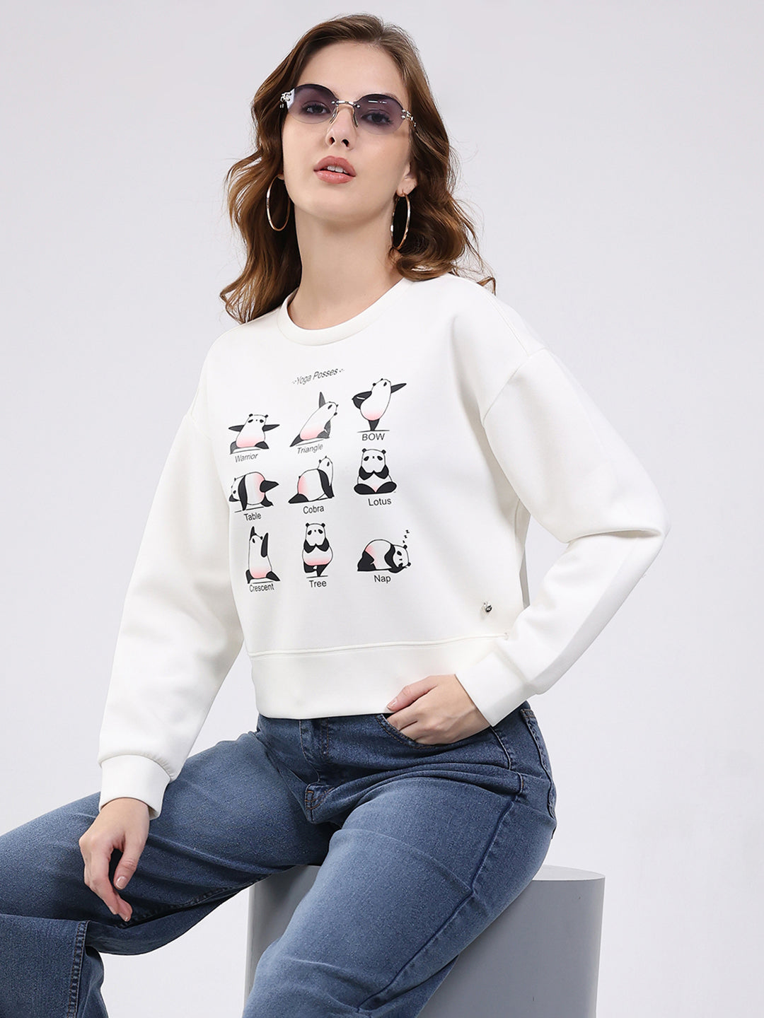 Women Off White Printed Round Neck Full Sleeve Sweatshirt