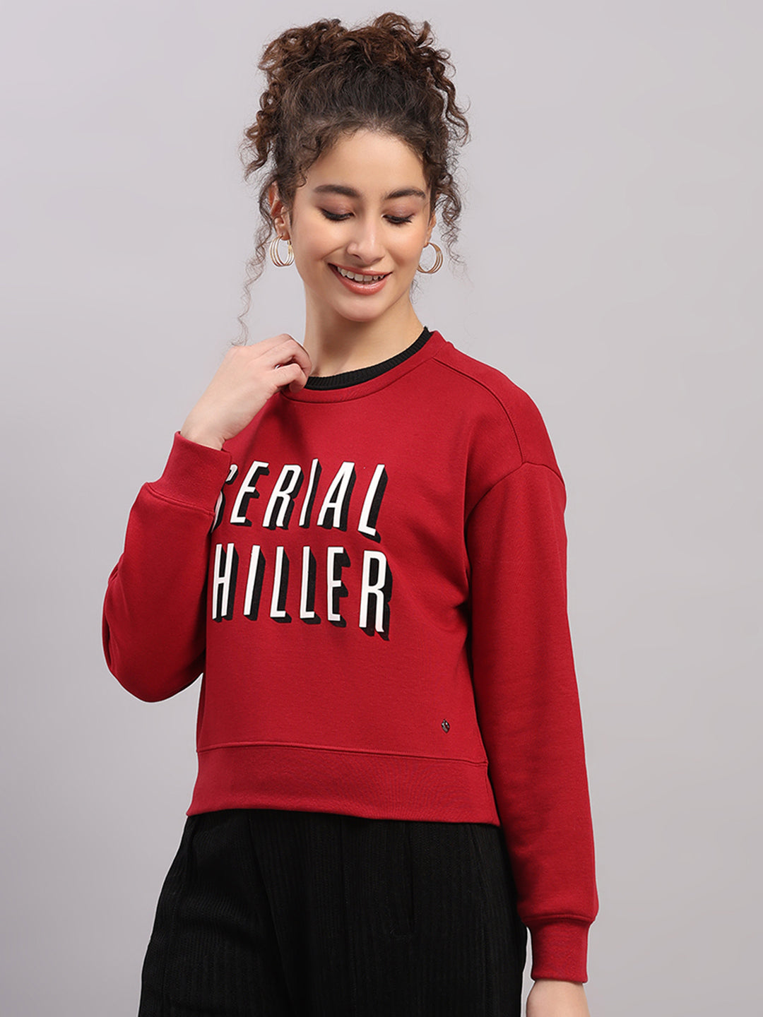 Women Maroon Printed Round Neck Full Sleeve Sweatshirt