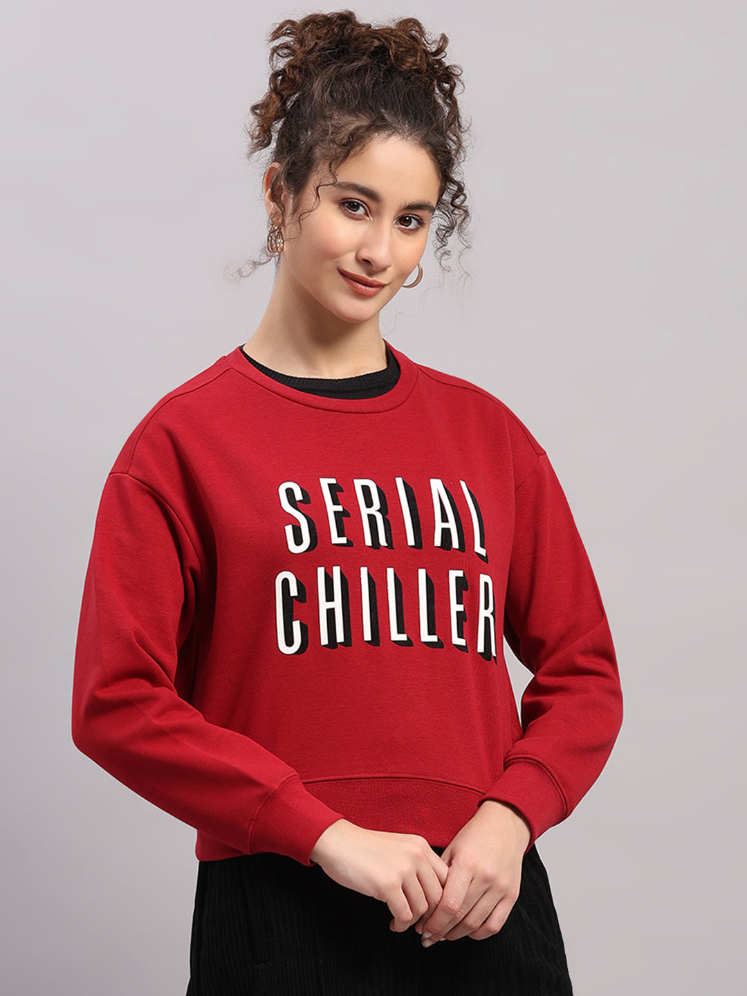 Women Maroon Printed Round Neck Full Sleeve Sweatshirt