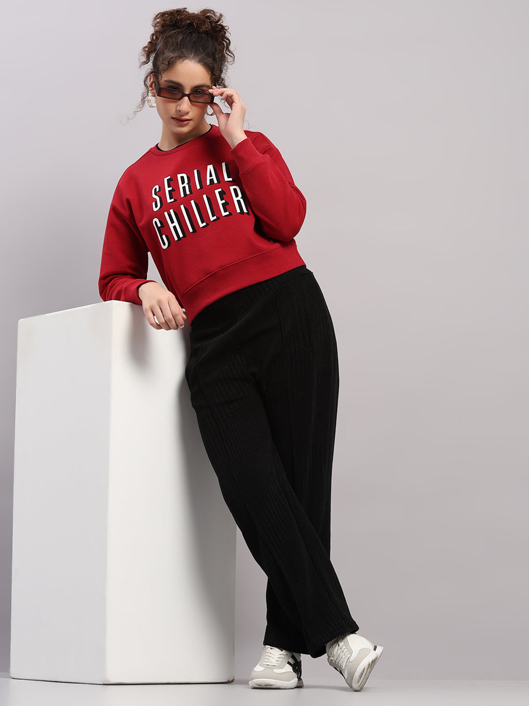 Women Maroon Printed Round Neck Full Sleeve Sweatshirt