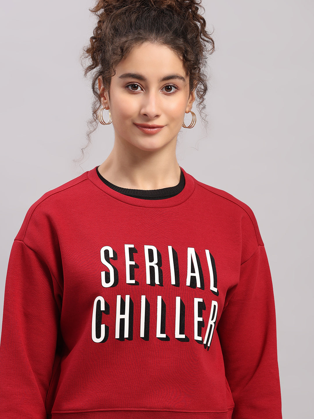 Women Maroon Printed Round Neck Full Sleeve Sweatshirt