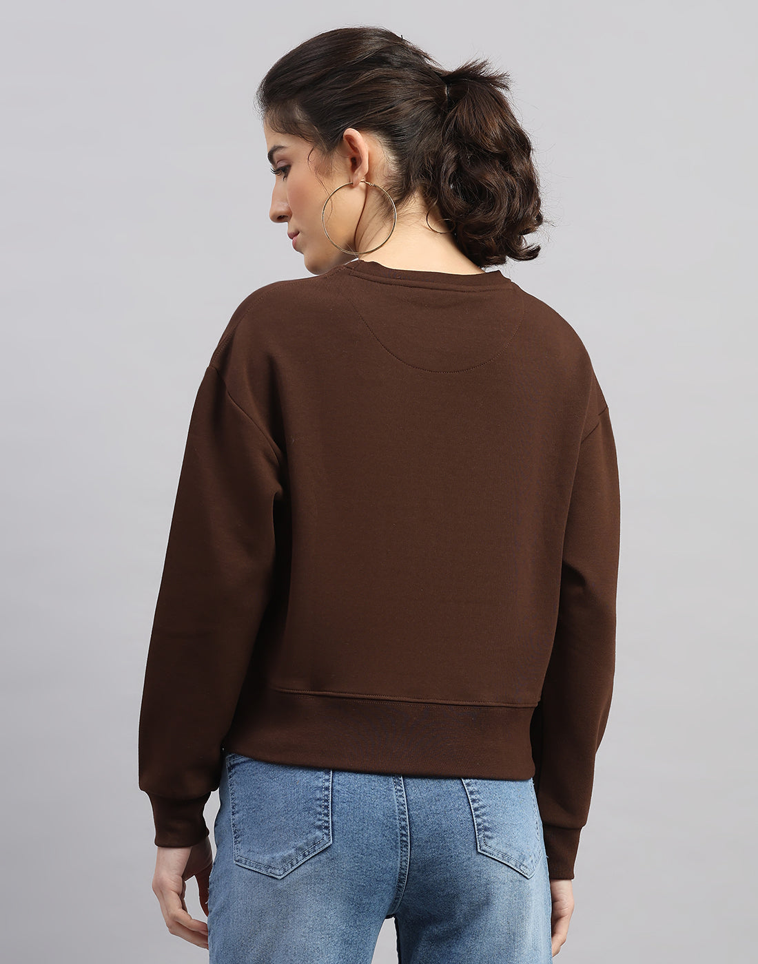 Women Brown Printed Round Neck Full Sleeve Sweatshirt