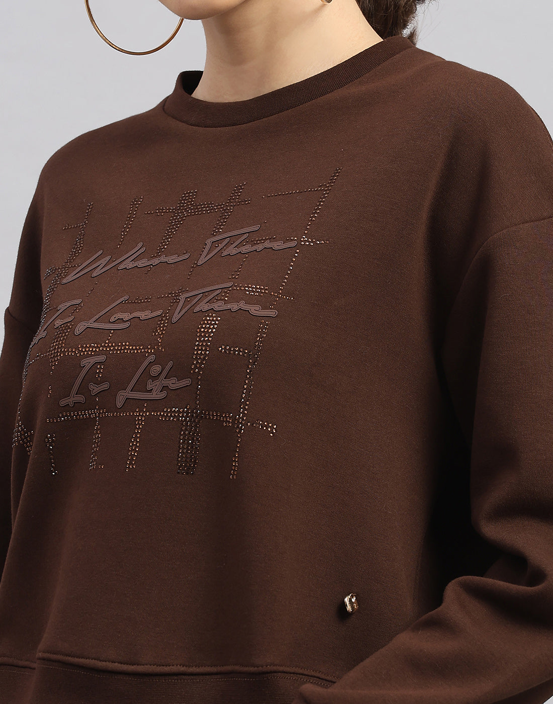 Women Brown Printed Round Neck Full Sleeve Sweatshirt