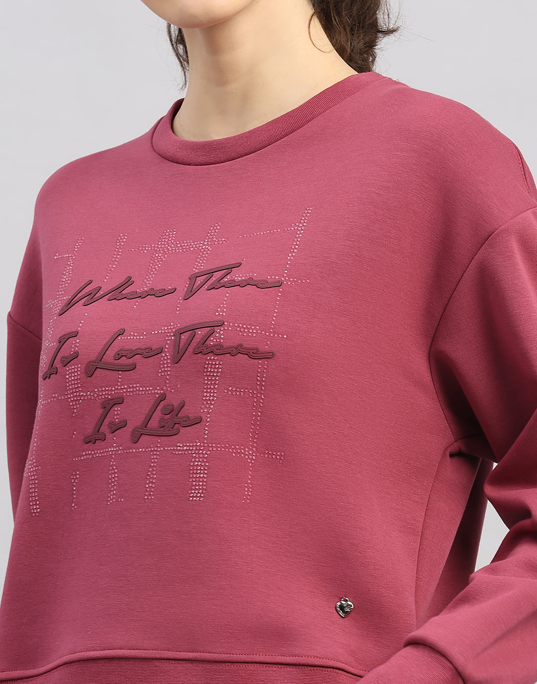 Women Burgundy Printed Round Neck Full Sleeve Sweatshirt