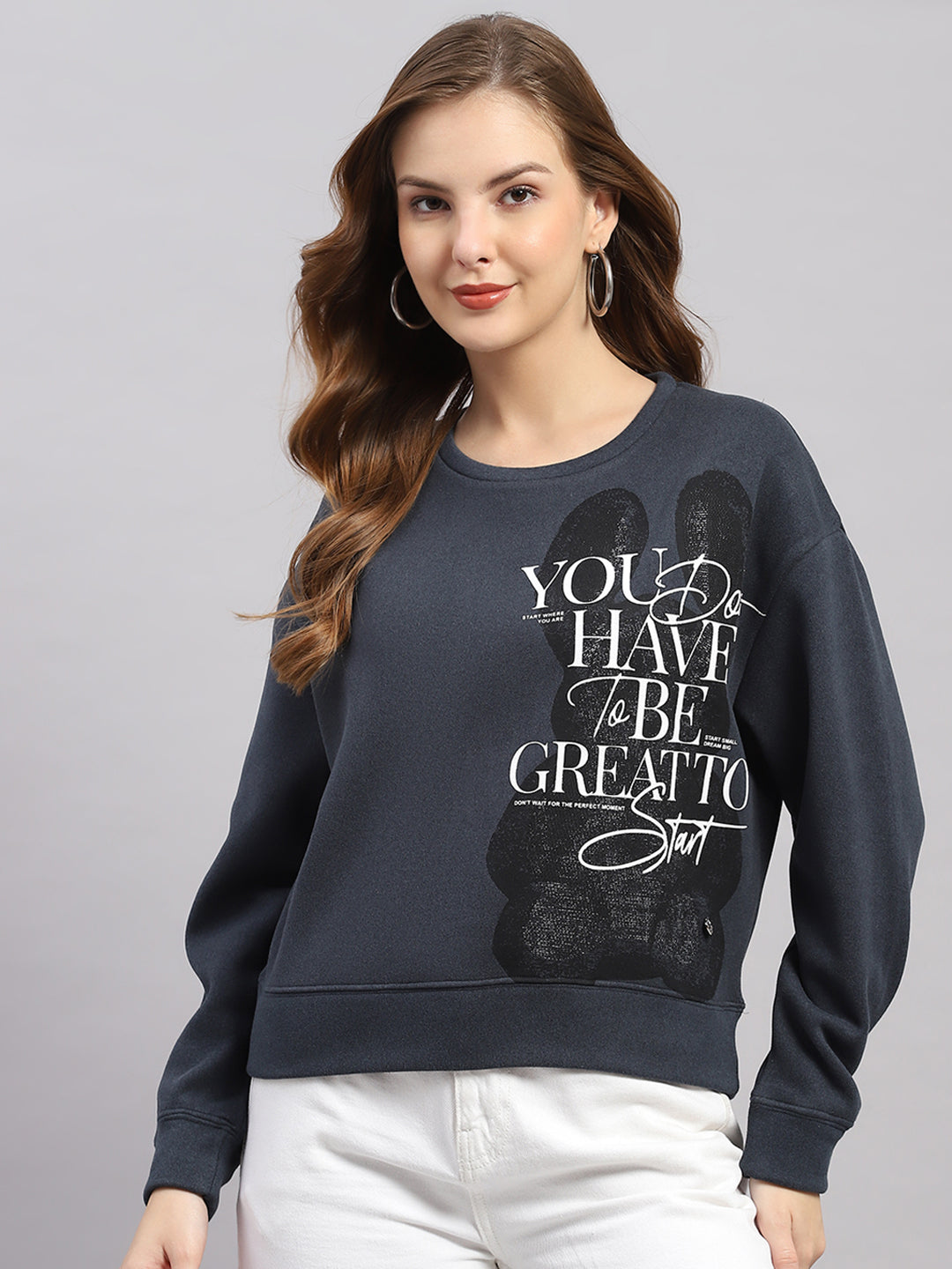 Women Navy Blue Printed Round Neck Full Sleeve Sweatshirt