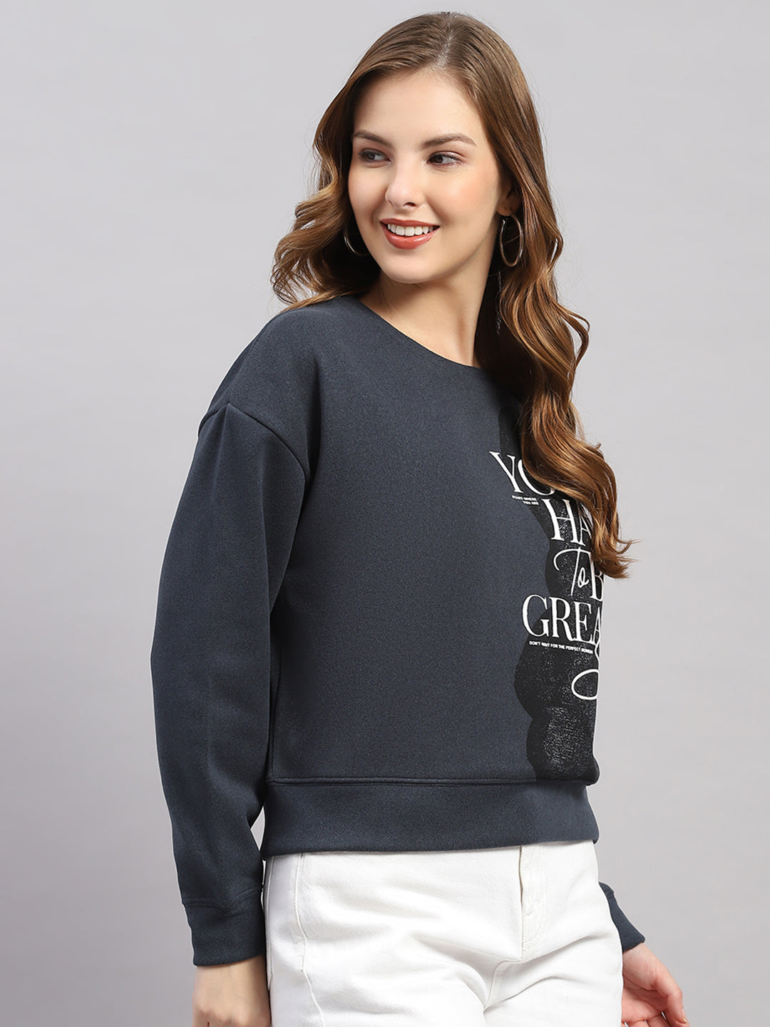 Women Navy Blue Printed Round Neck Full Sleeve Sweatshirt