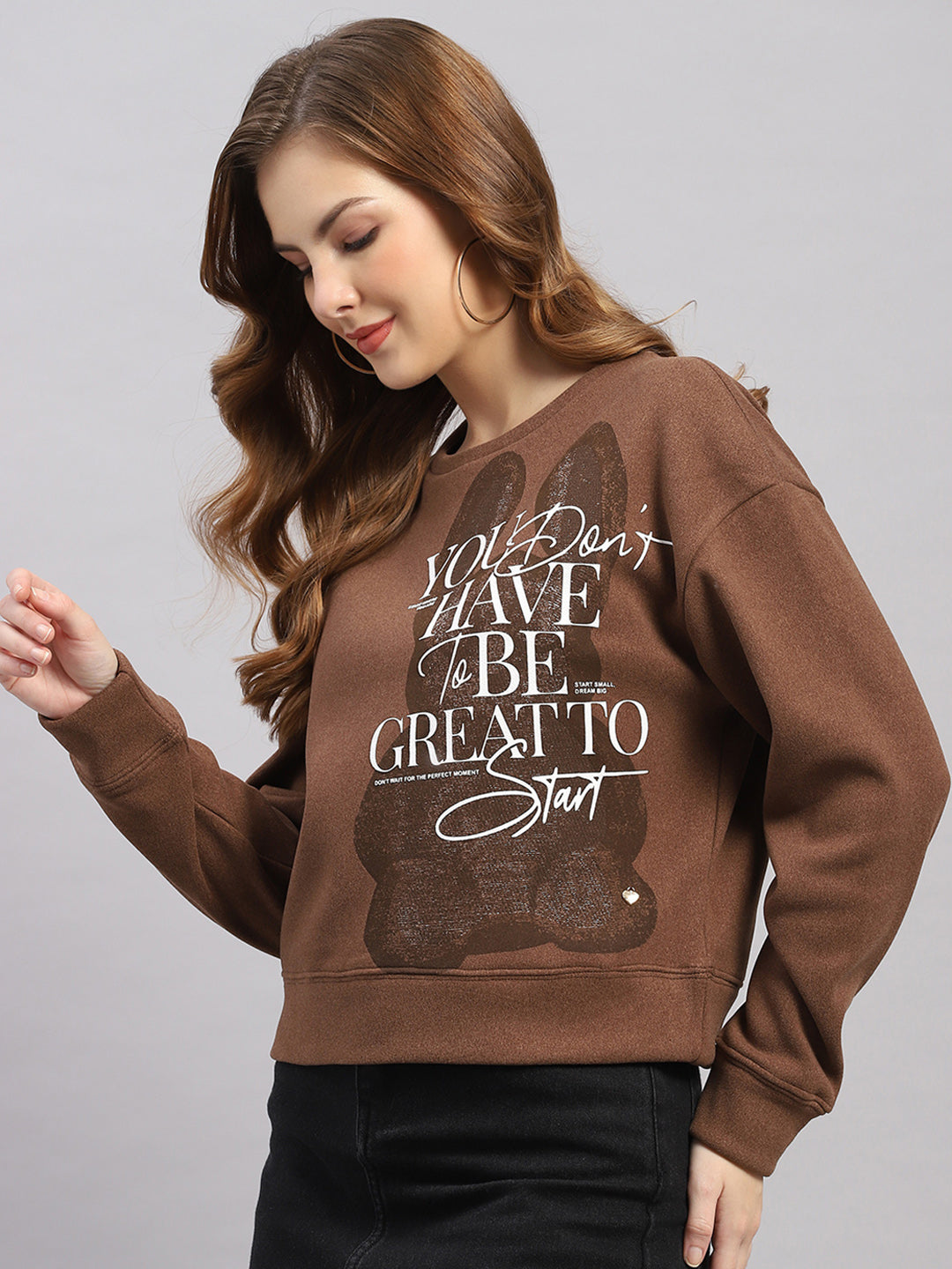 Women Brown Printed Round Neck Full Sleeve Sweatshirt