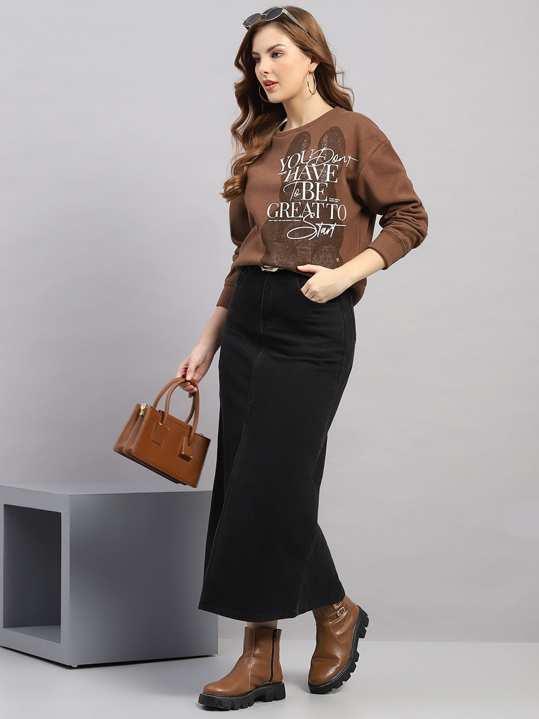 Women Brown Printed Round Neck Full Sleeve Sweatshirt