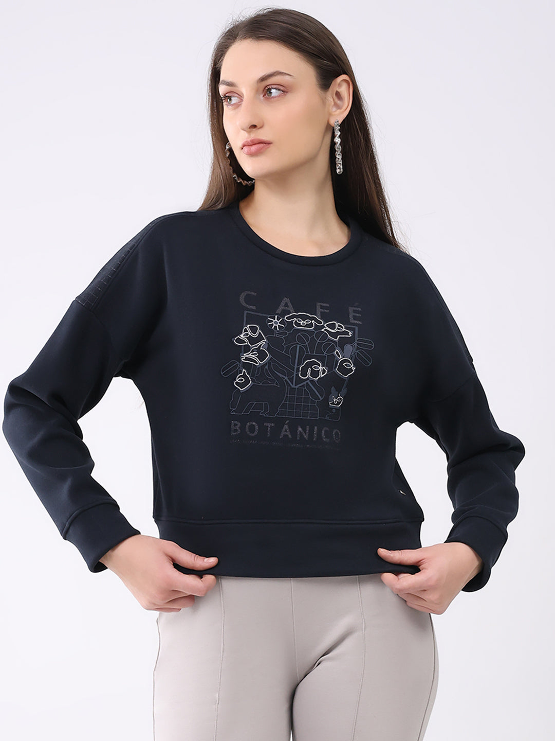 Women Navy Blue Printed Round Neck Full Sleeve Sweatshirt