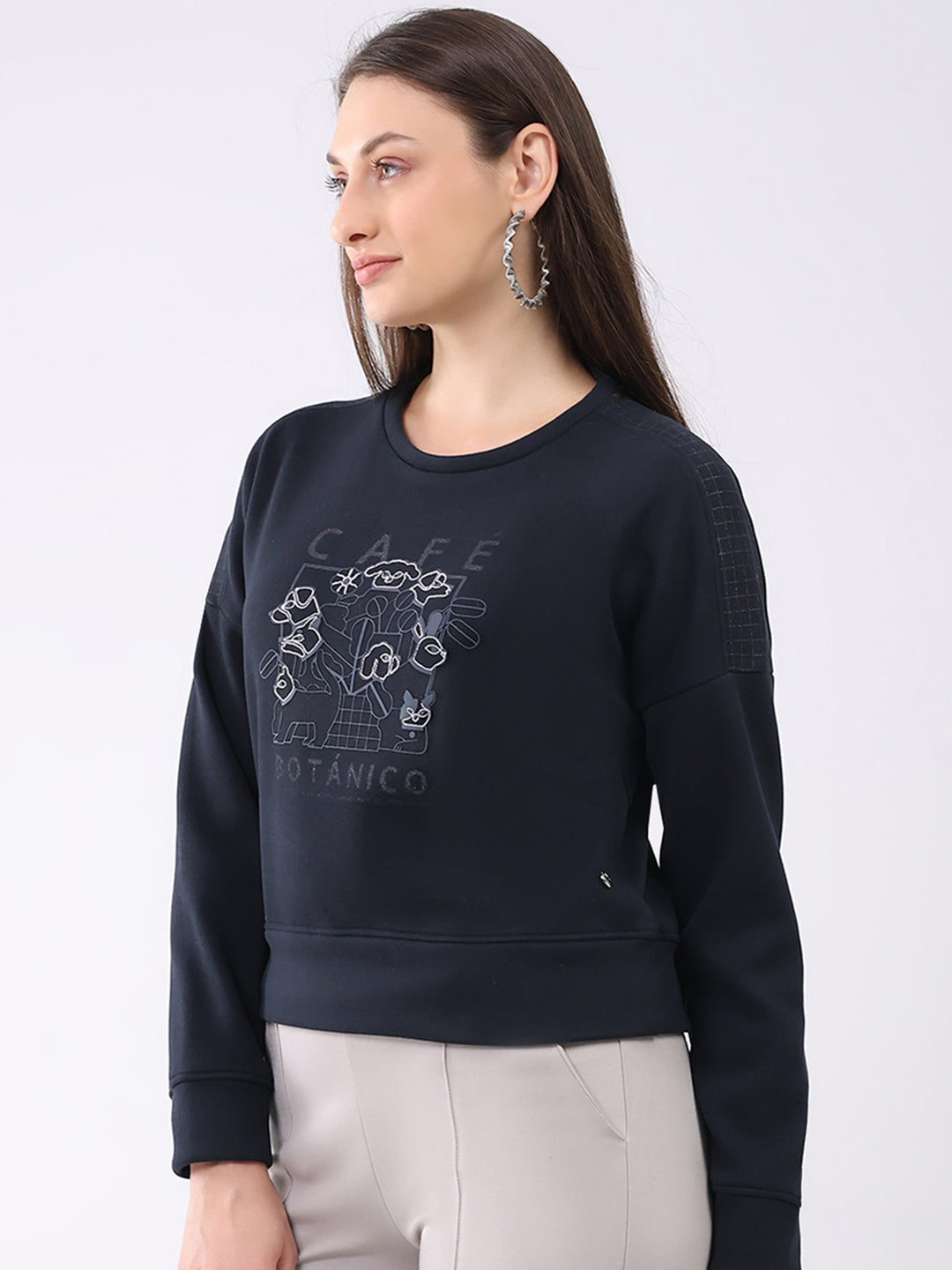 Women Navy Blue Printed Round Neck Full Sleeve Sweatshirt
