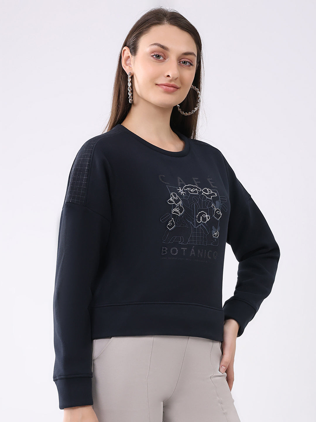 Women Navy Blue Printed Round Neck Full Sleeve Sweatshirt