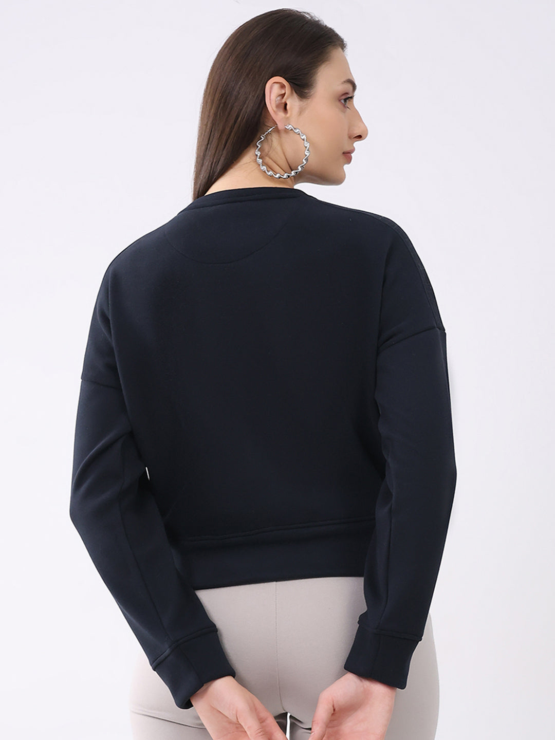 Women Navy Blue Printed Round Neck Full Sleeve Sweatshirt