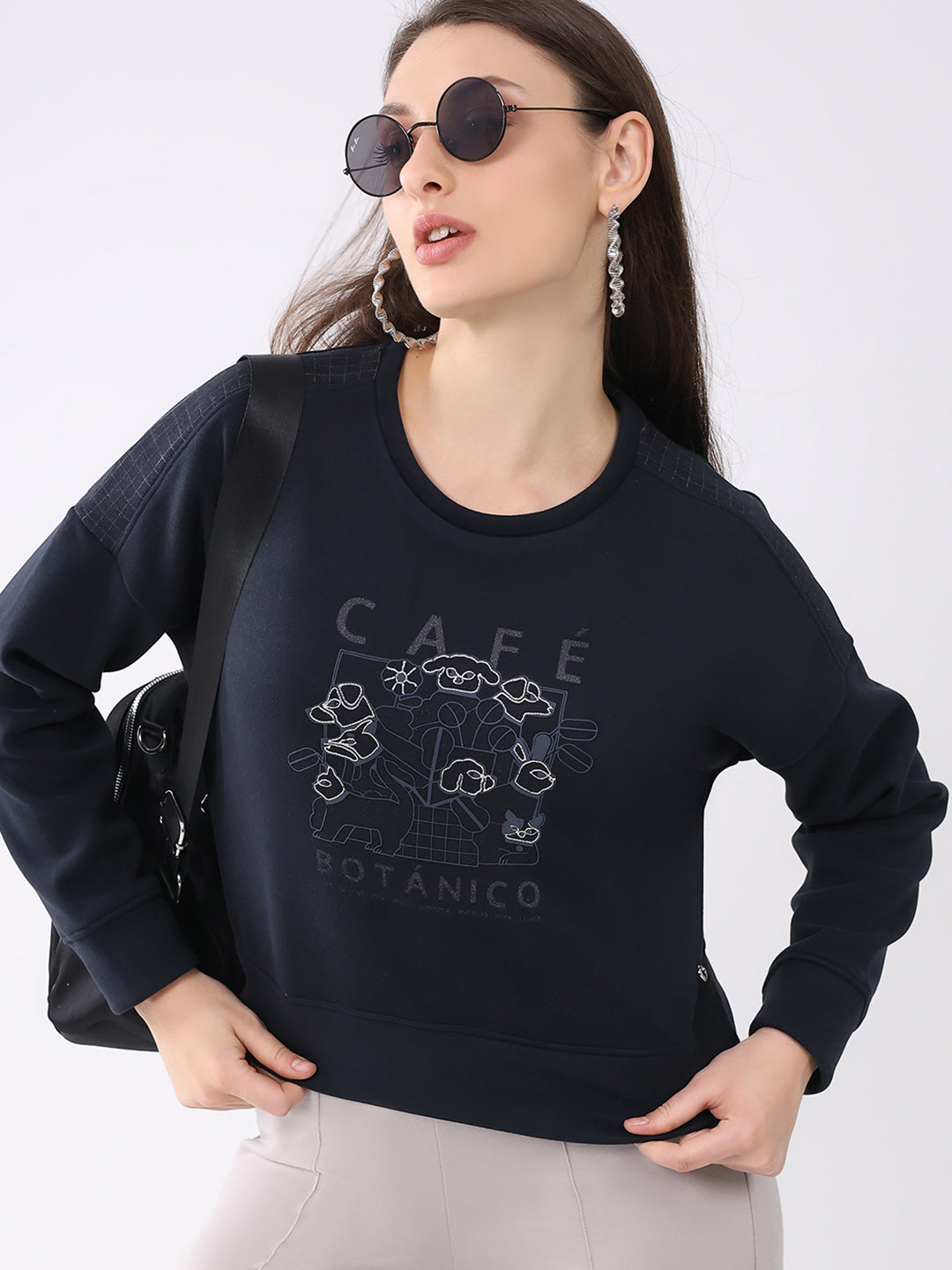 Women Navy Blue Printed Round Neck Full Sleeve Sweatshirt