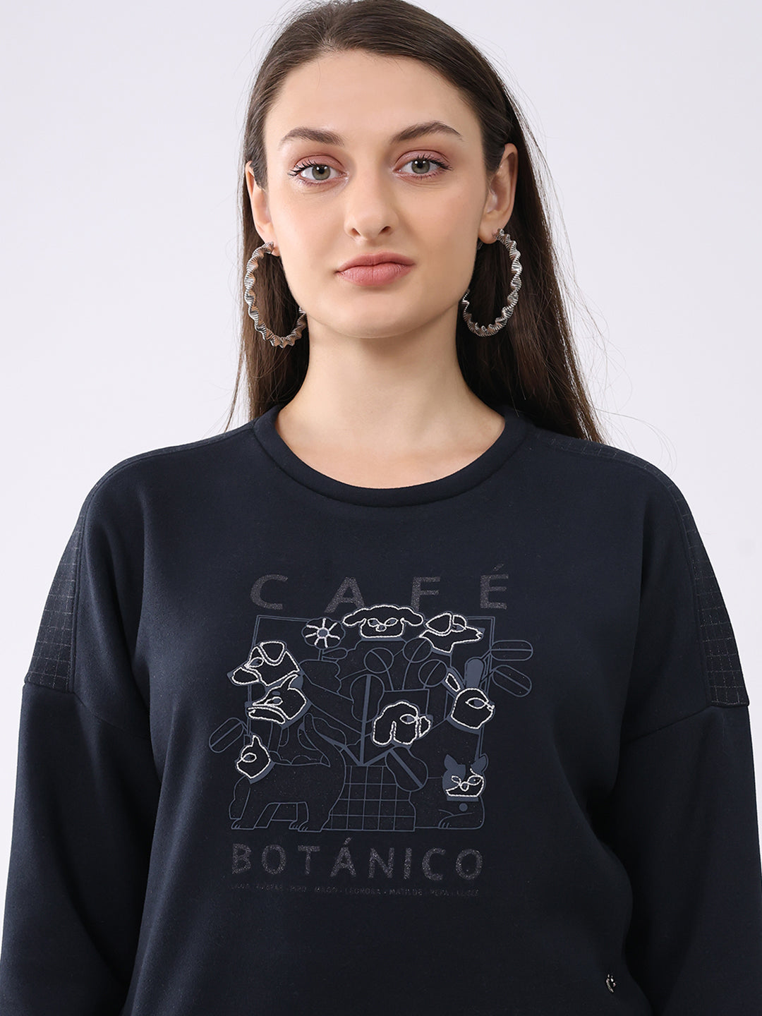 Women Navy Blue Printed Round Neck Full Sleeve Sweatshirt