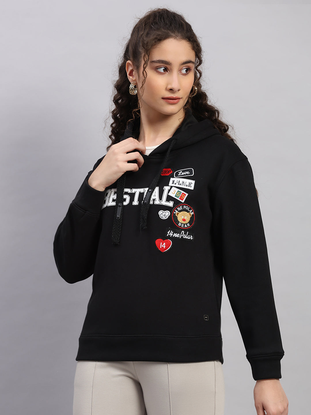 Women Black Printed Hooded Full Sleeve Sweatshirt