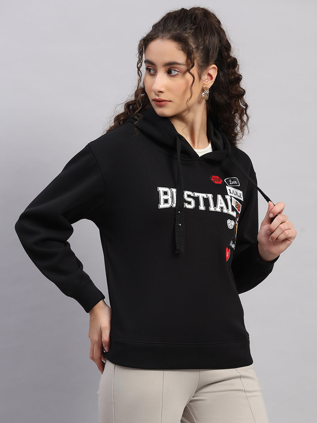 Women Black Printed Hooded Full Sleeve Sweatshirt