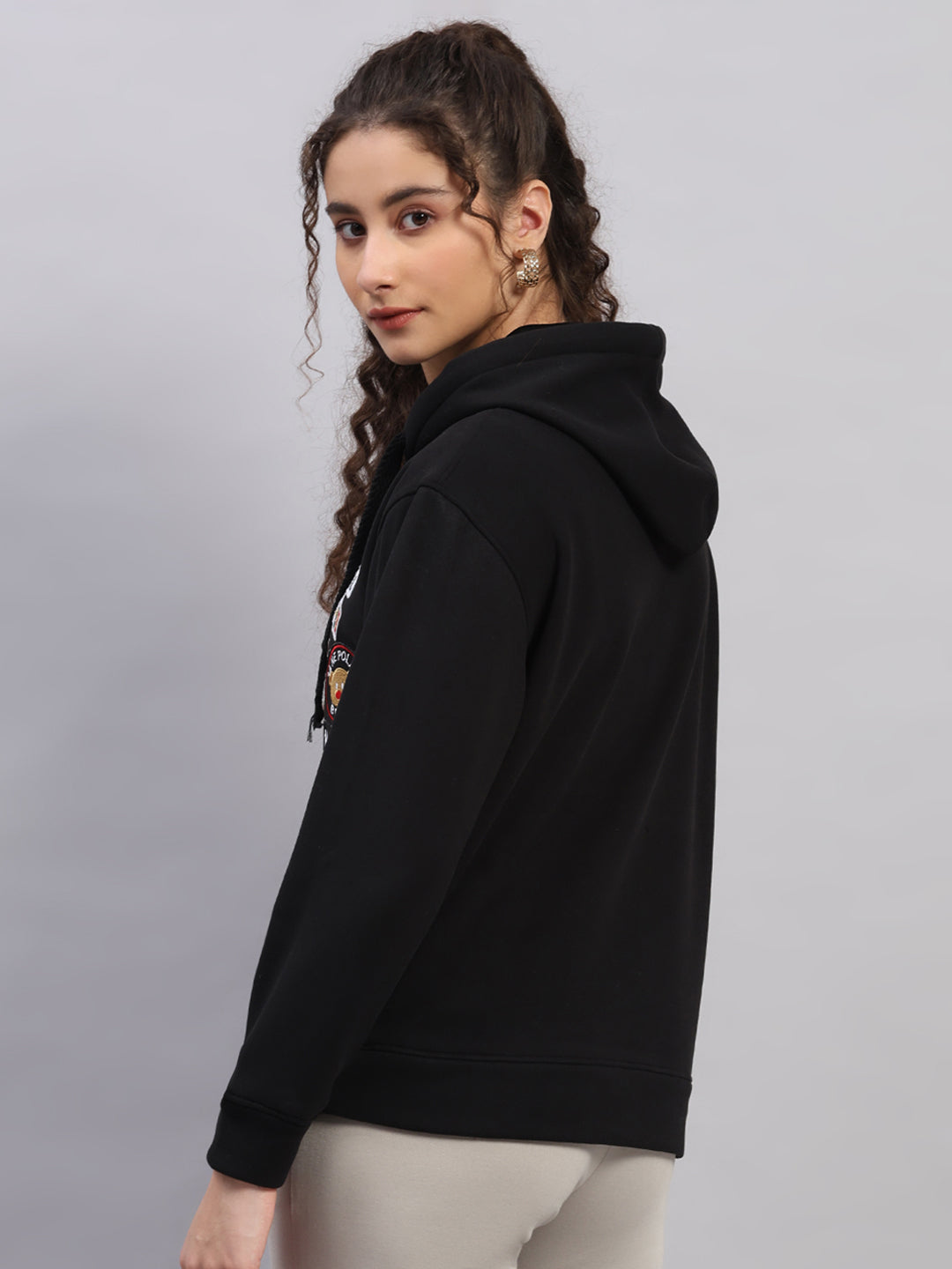 Women Black Printed Hooded Full Sleeve Sweatshirt