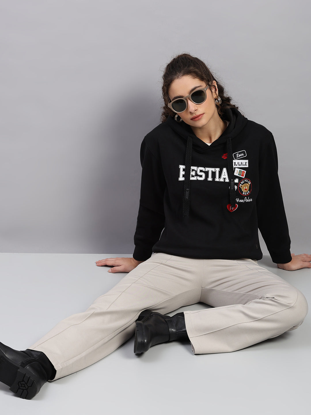 Women Black Printed Hooded Full Sleeve Sweatshirt