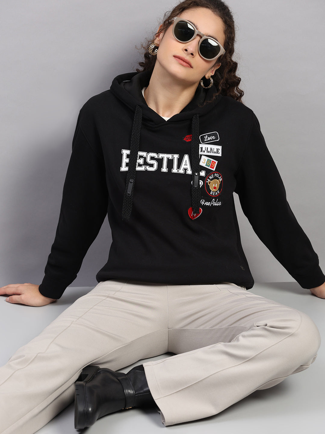 Women Black Printed Hooded Full Sleeve Sweatshirt