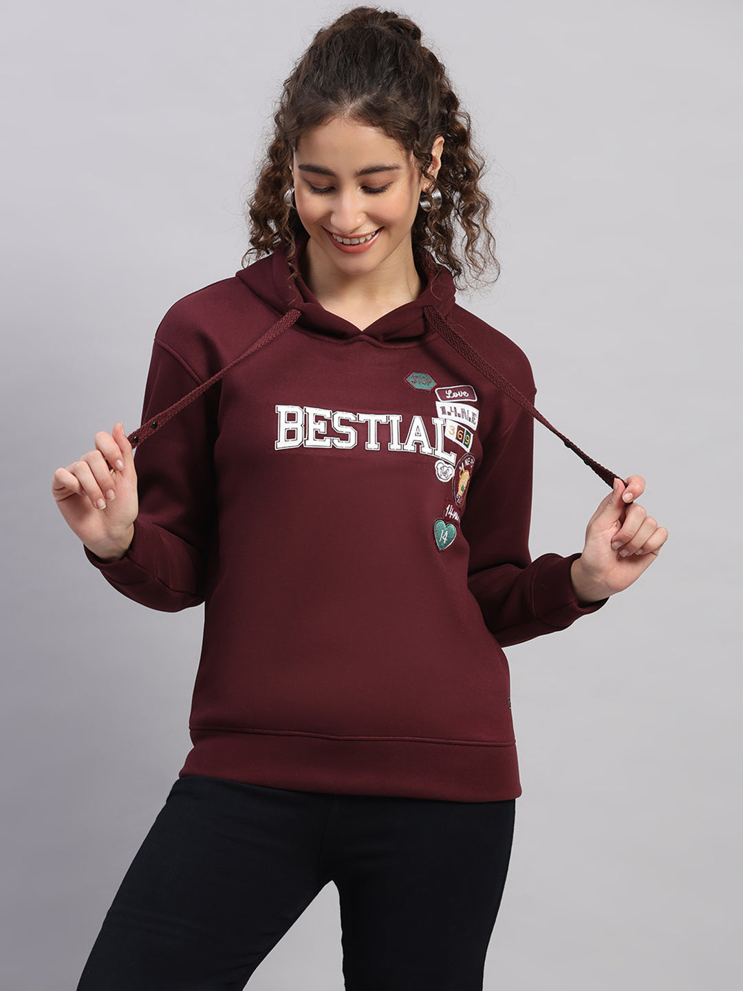 Women Burgundy Printed Hooded Full Sleeve Sweatshirt