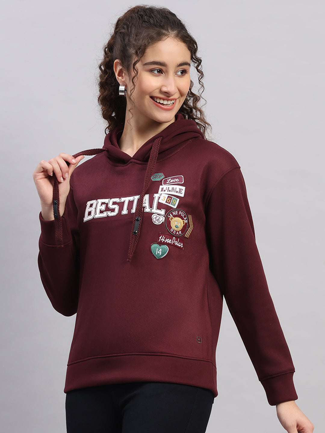 Women Burgundy Printed Hooded Full Sleeve Sweatshirt