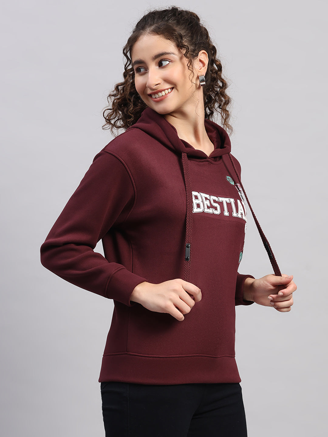 Women Burgundy Printed Hooded Full Sleeve Sweatshirt