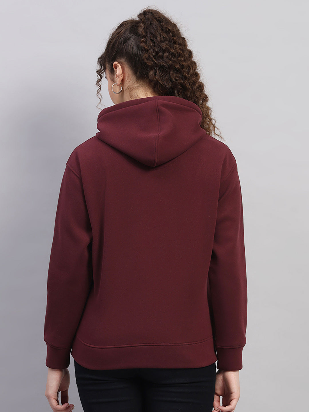 Women Burgundy Printed Hooded Full Sleeve Sweatshirt